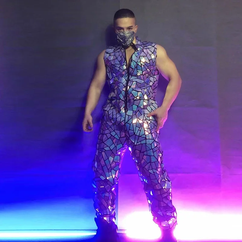 반사 레이저 스팽글 민소매 점프수트 미러 오버올 남성 가수 바 나이트클럽 힙합 댄스 의상 섹시 DJ 무대 의상