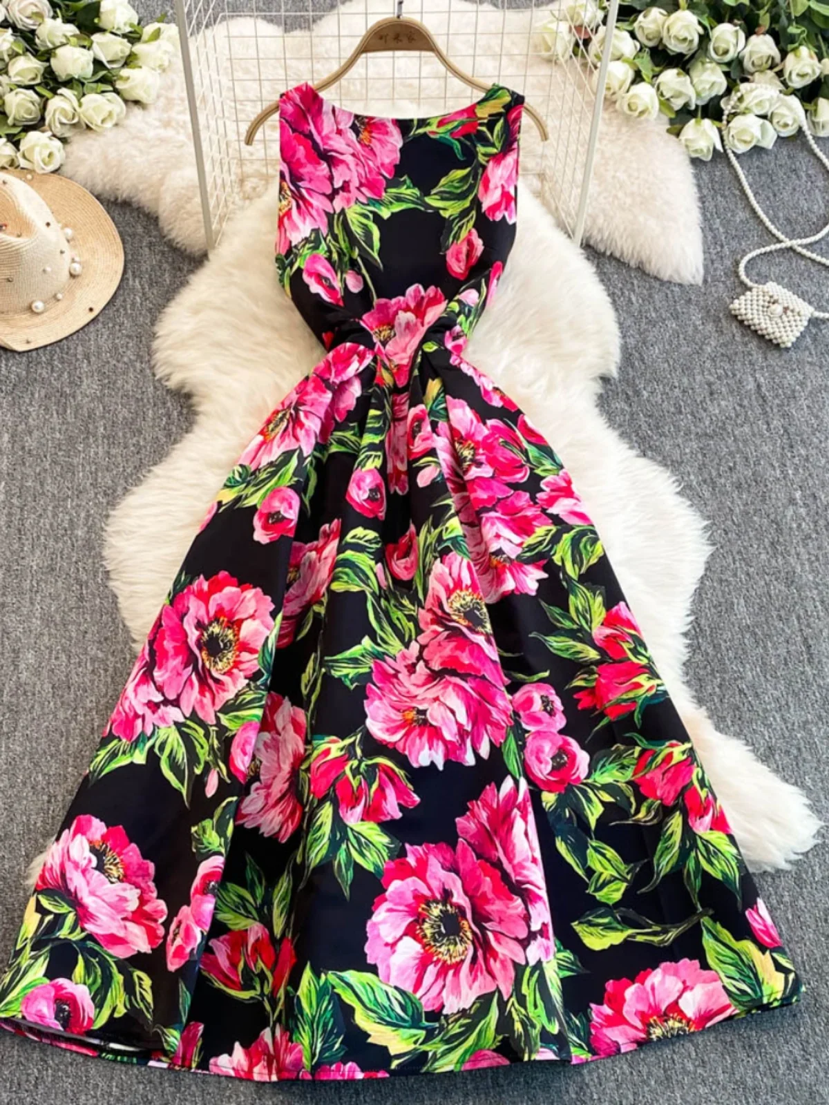 Women Long Dress Retro Elegant High-end  Floral Print Pleated Fluffy Sleeveless Slim Prom Party Formal Dress 2025 Spring Summer