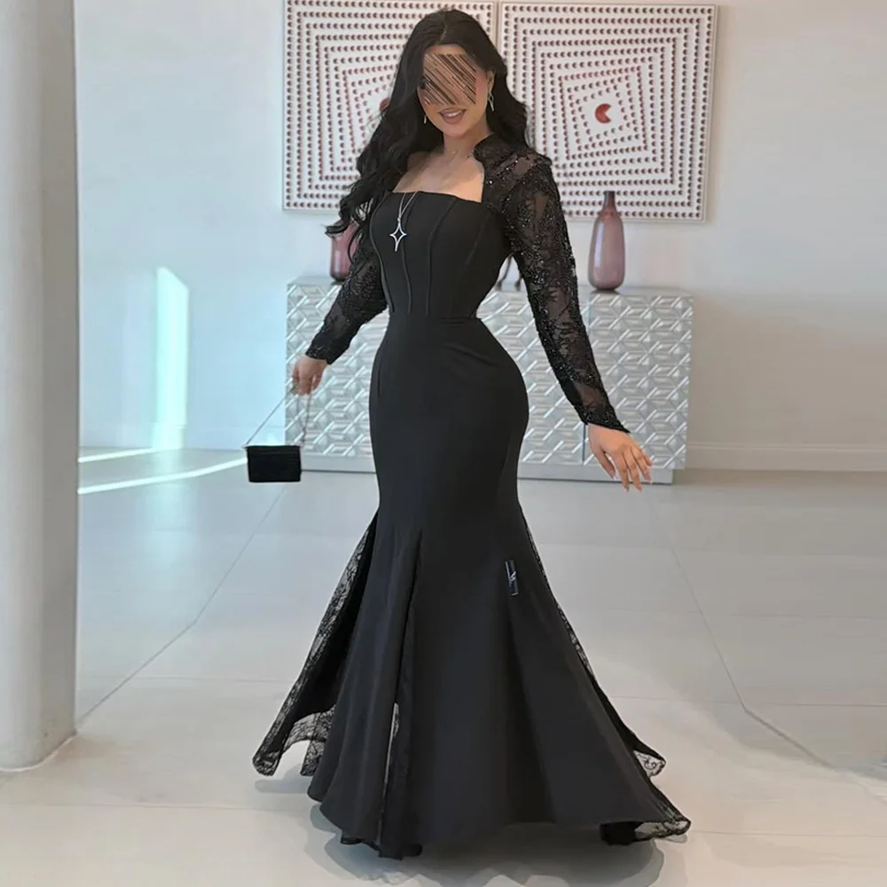 

Black Square Collar Long Sleeves Evening Dress Customized Fashion Mermaid Party Dress Temperament Lace Bespoke Occasion Gowns