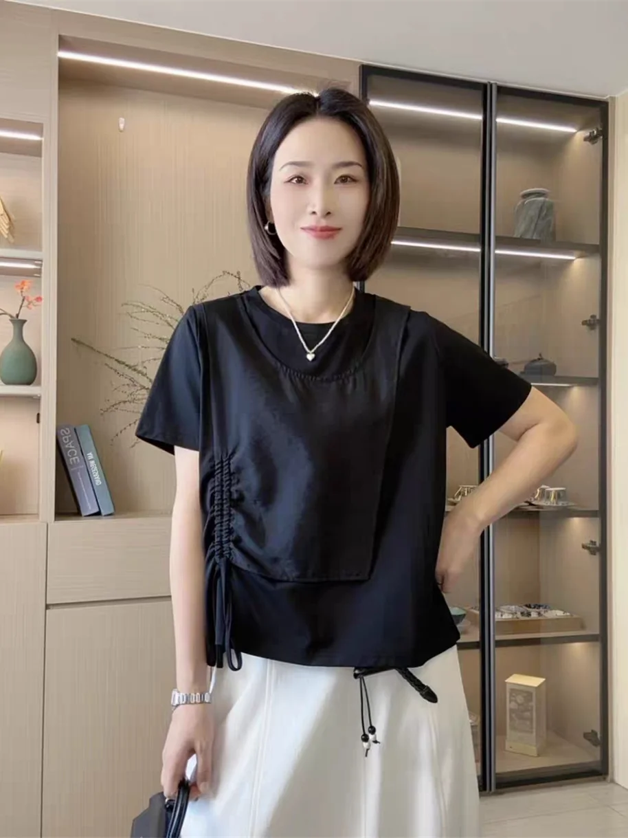 Casual round Neck Short Sleeve T-Shirt Women's Summer New Loose Versatile Drawstring Asymmetrical Two-Piece Look Top