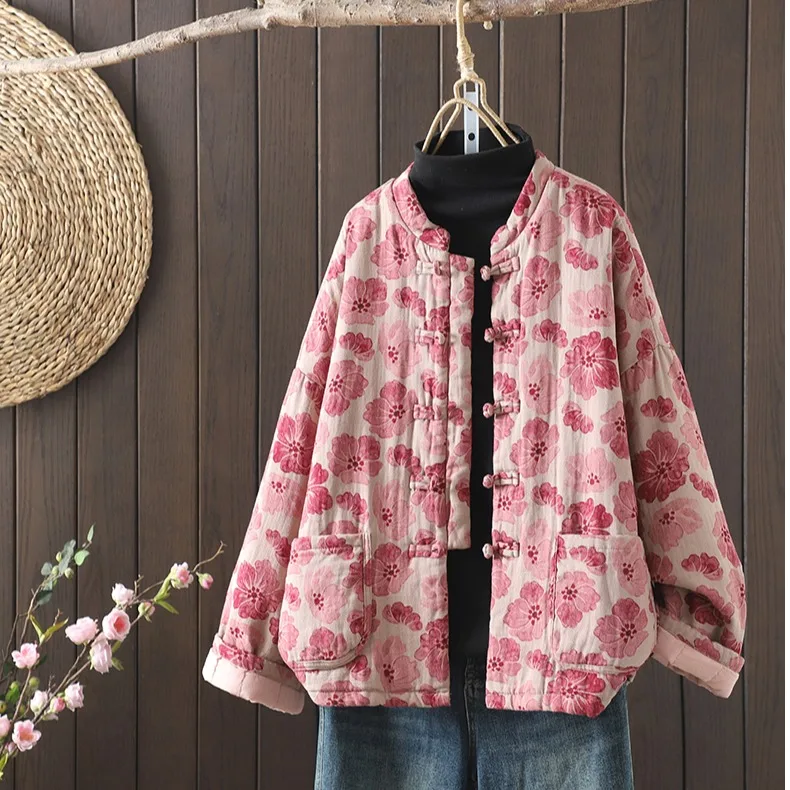 

Хлопковая куртка с ретро-принтом, зимняя, свободного кроя, с карманами, модная и стройнящая, в китайском стиле, на пуговицах, верхняя одежда