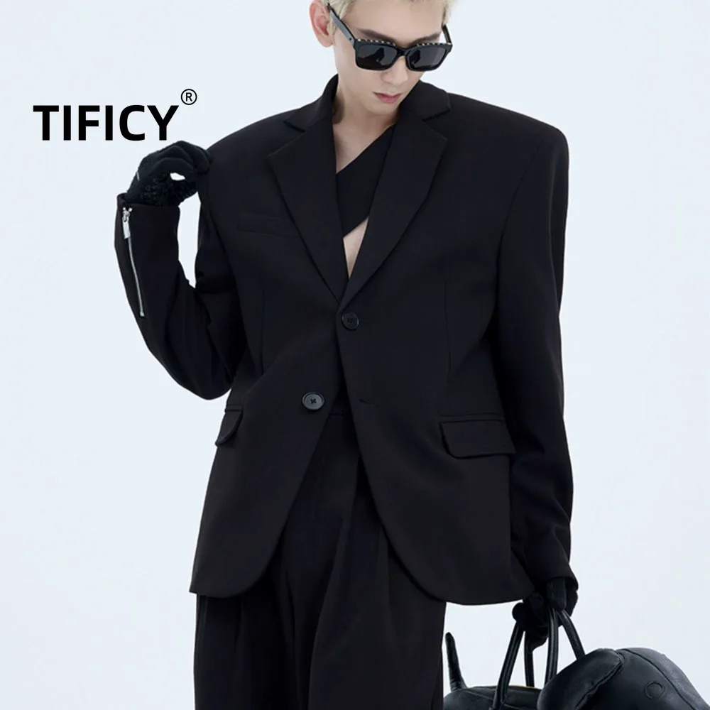 

Черные пиджаки High Street, мужская куртка с подкладкой, высококачественный мужской уличный костюм с подкладкой на плечах, мужская одежда