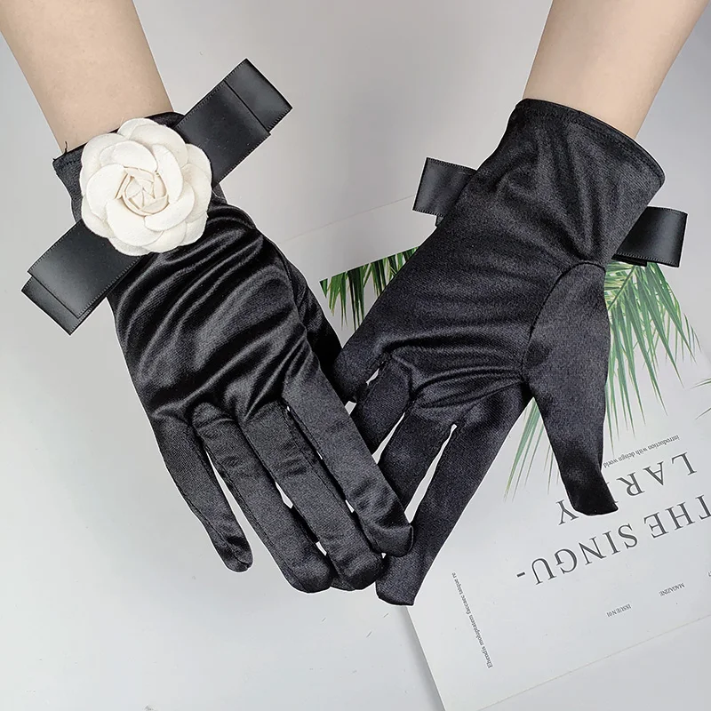 Korean Solid Color Bow Camellia Vintage Camellia Black Satin Gloves Hepburn Style Travel Photo Bride Wedding Dress Mittens S254