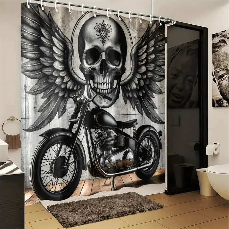 Gothic Steampunk Skull Motorcycle Shower Curtain Biker Art Bathroom Liner Decor Edgy Alternative Novelty Wall Decor Halloween