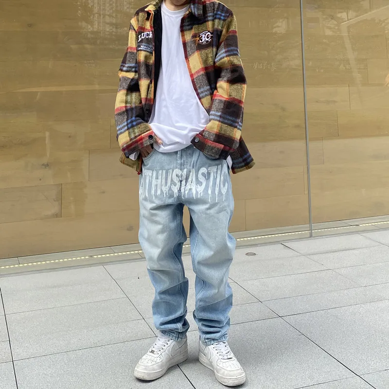 Jeans With Print Letter Baggy Streetwear Straight Leg Y2k Blue Hip Hop Jean Vintage Men Man Pants FASHION Trendyol Denim Men's