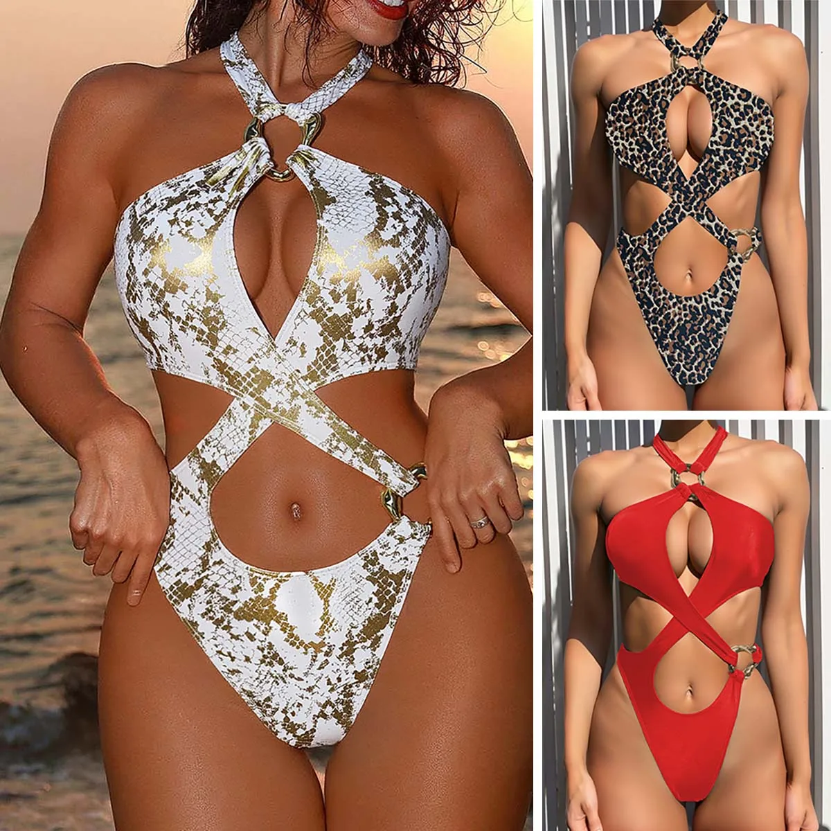 Sexy Cross Halter Push Up Bikinis Swimwear Women Ring Linked Bathing Suit Bandage One Piece Swimsuit Biquini Female Beach Wear