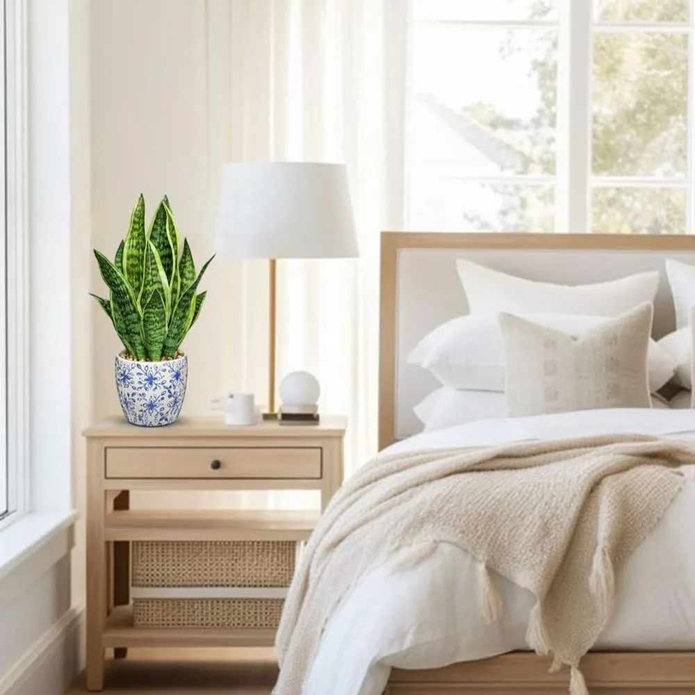 نبات الثعبان الاصطناعي في وعاء أزرق أبيض، 15.7 بوصة من Sansevieria لديكور المنزل والمكتب هدية الانتقال لمنزل جديد #4