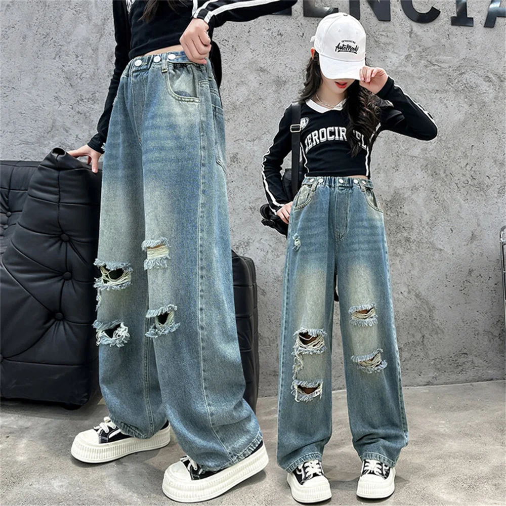 MK83 Fashion Girls Jeans Children\'s Wide Leg Pants Broken Hole Straight Kid Jeans Denim Straight Leg Pants