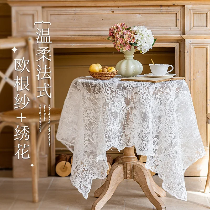 White Lace Tablecloth Embroidery Outdoor Wedding Party Decoration Table Cloth Advanced Dining Table Cloth Furniture Dust Cover