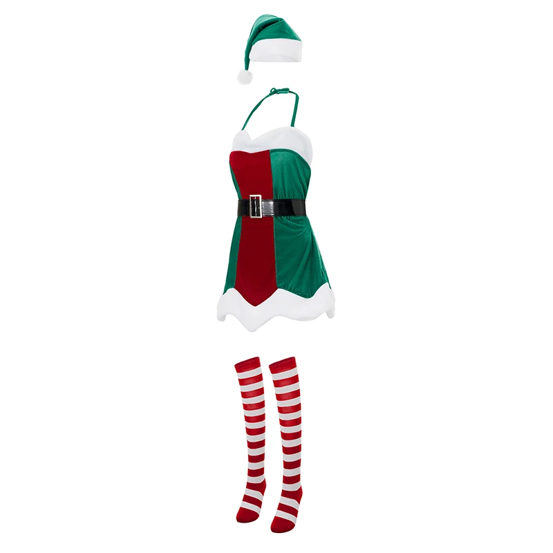 Women Christmas Costume Plush Trim Halter Neck Mini Dress with Belt Santa Hat Halloween Cosplay Costumes