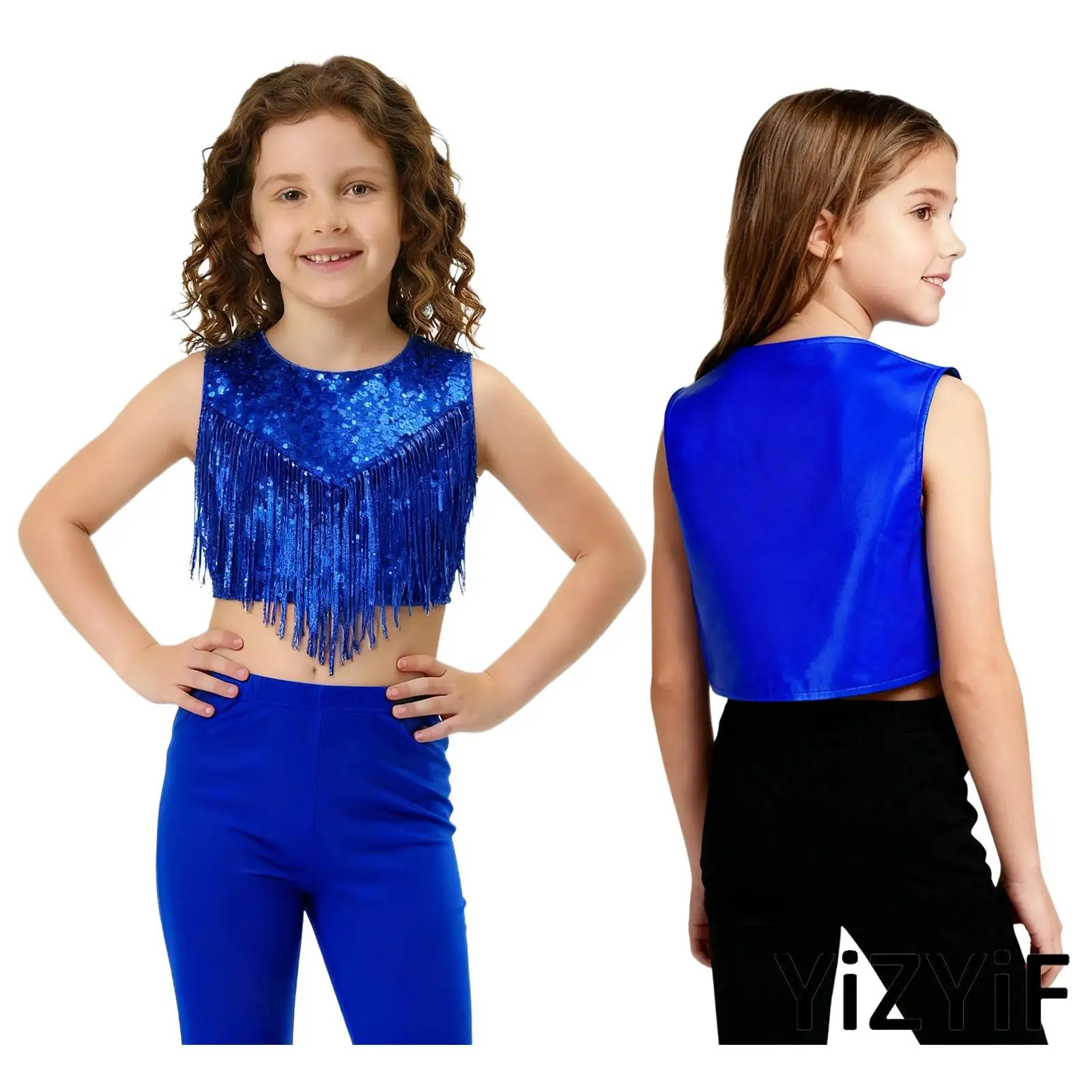 

Kids Girls Disco Jazz Dance Clothing Metallic Gloss Shiny Sequins Chest Sequins Tassels Decoration Vest Top Jazz Dance Tank Tops