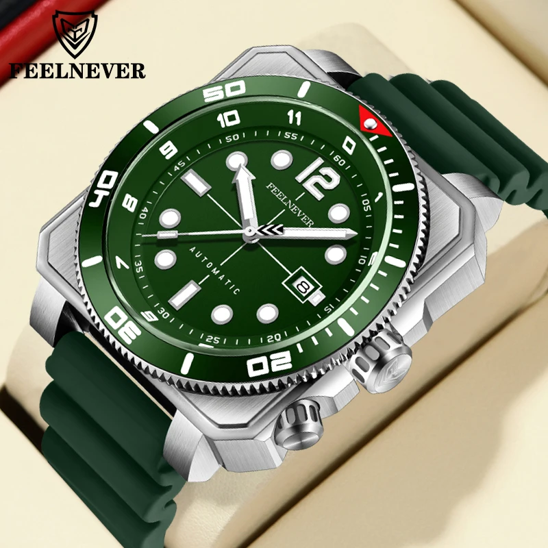 

FEELNEVER Top Brand Luxury Automatic Movement Man Watch Calendar 300M Waterproof Silicone Strap Mechanical Watches for Men Clock