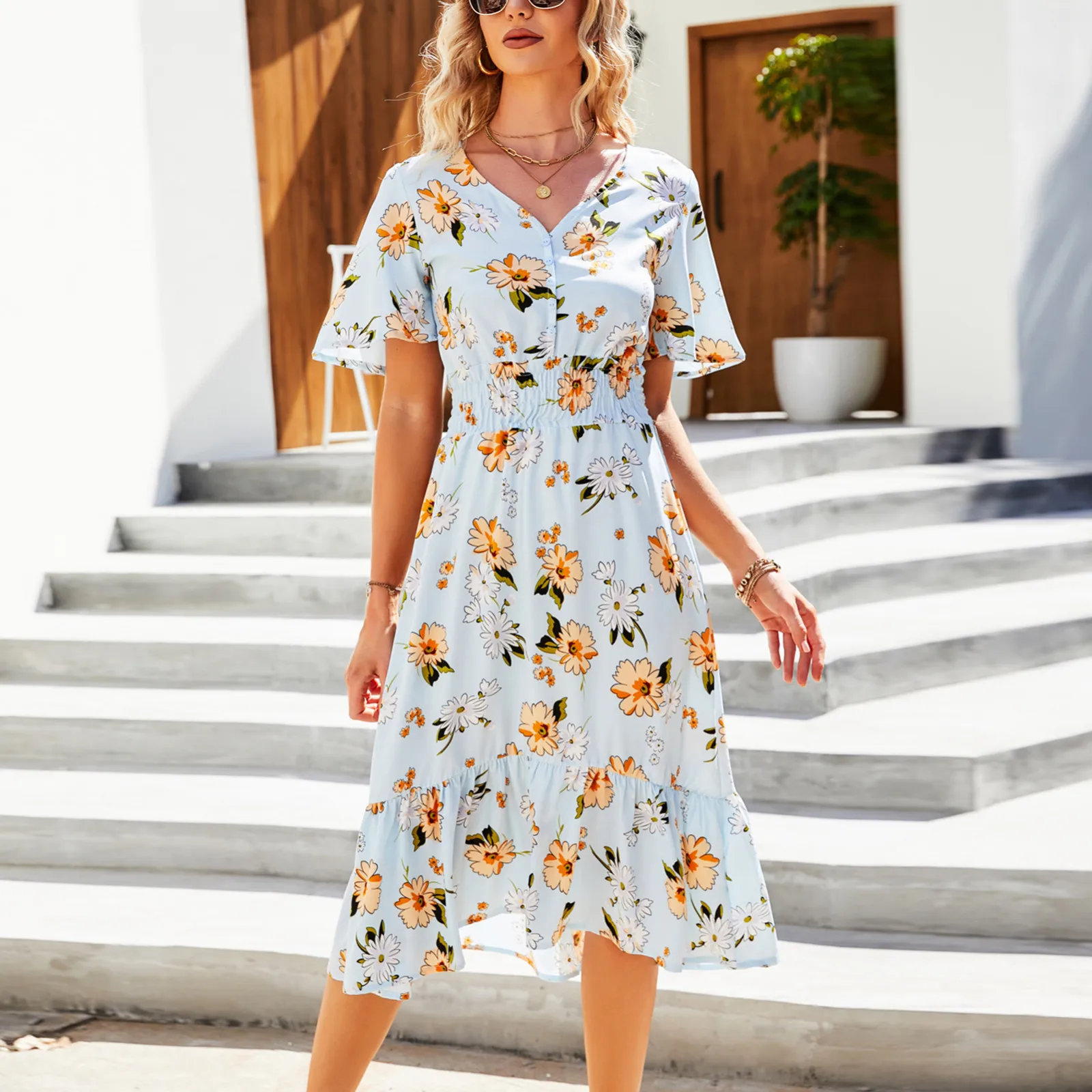 Women Casual Floral Print Bohemian Dress V Neck A-line Short Sleeve Dress Summer Beach Sweet Dresses Robe Longue Пляжное Платье