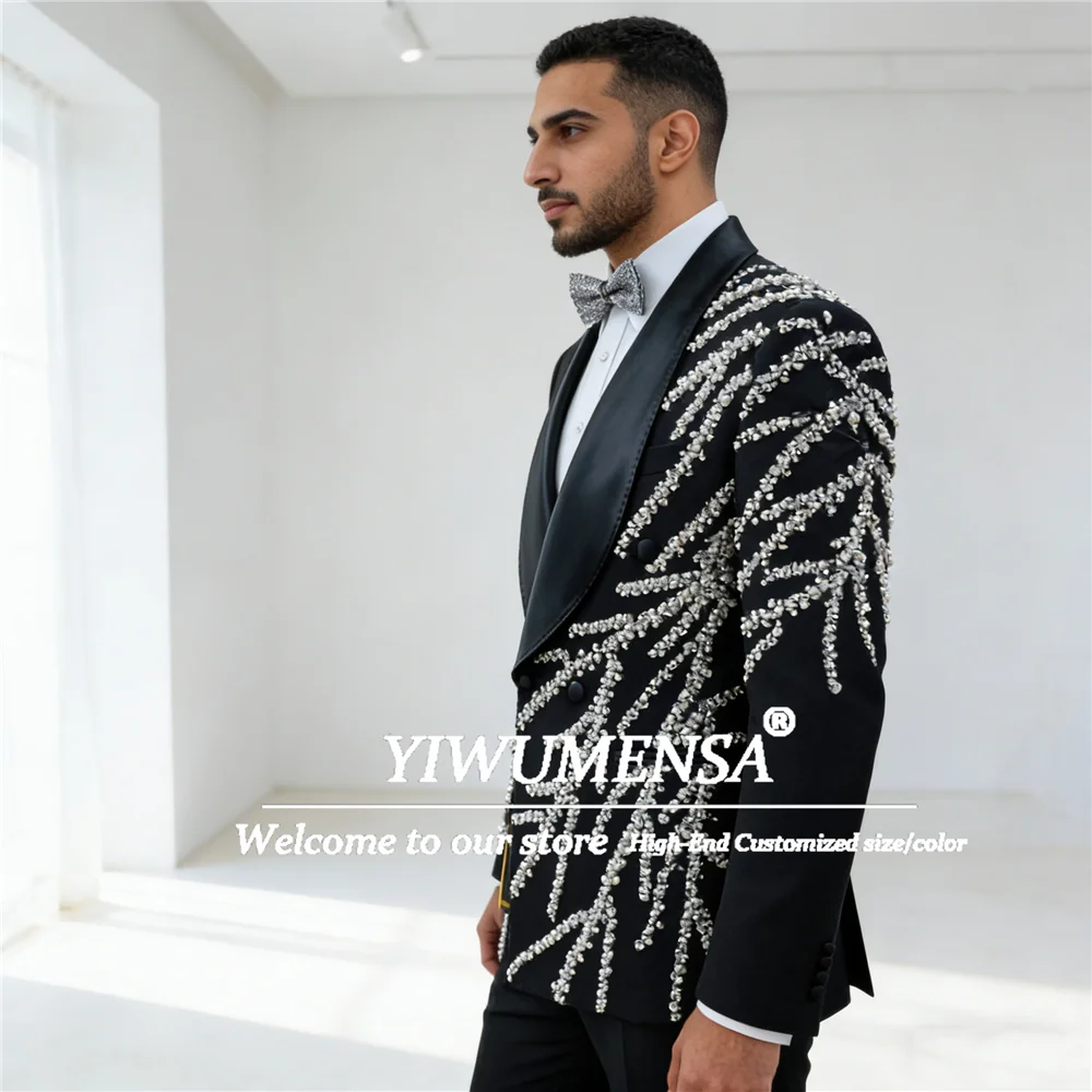 

Exclusive Design Pearls Beads Suit Attire Men 2 Piece Set Double Breasted Jacket Pants Customized Groom Wedding Tuxedos Outfits