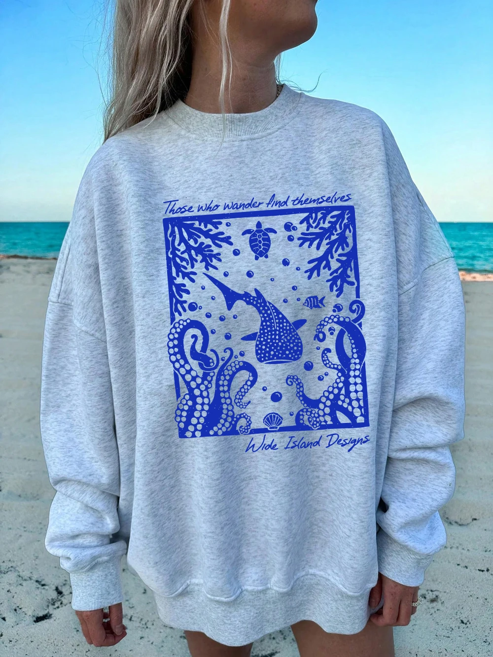 Mar mundo desenhos animados impressão moletom feminino crewneck básico hoodie solto velo quente pulôver inverno confortável roupas femininas