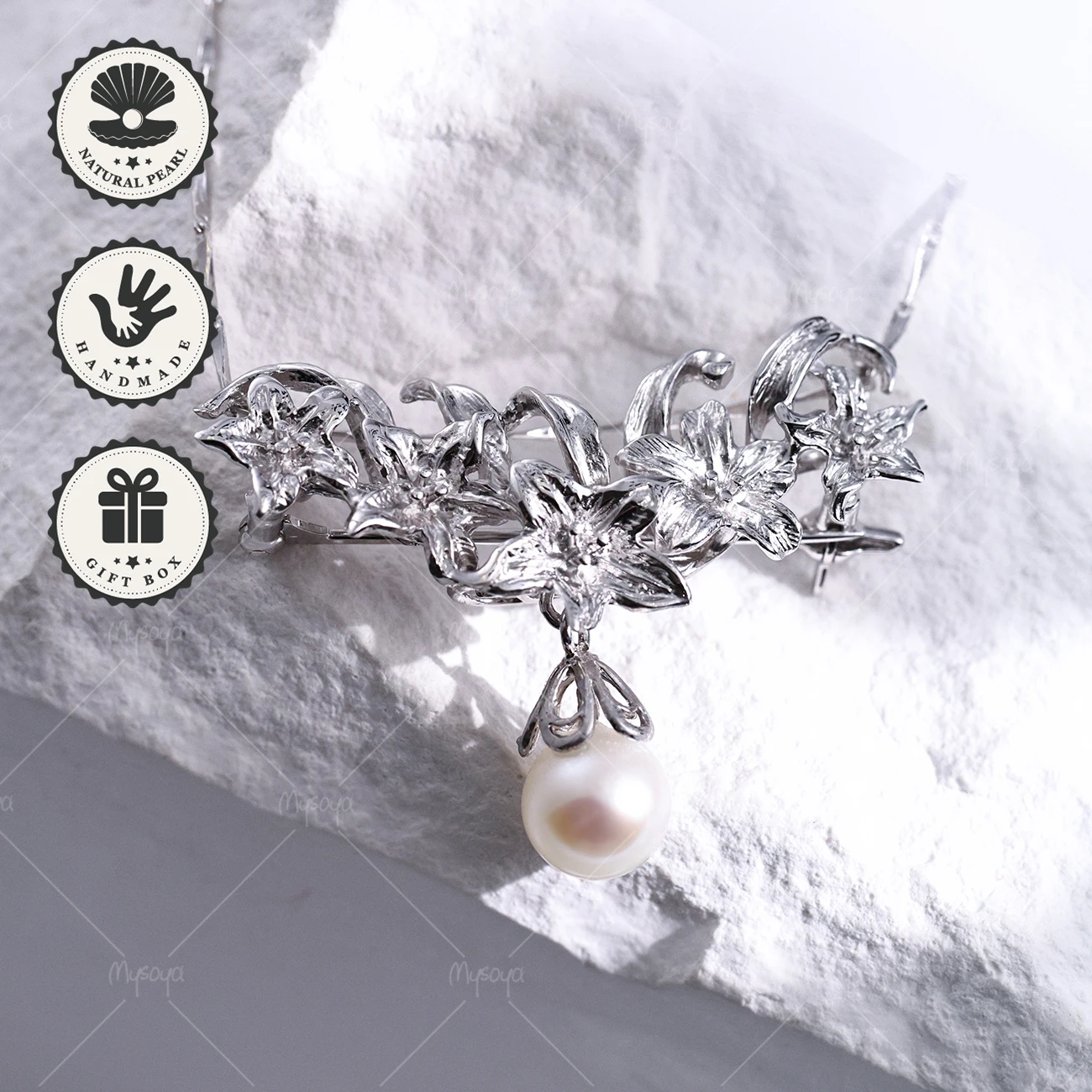 

Mysoya 8–8.5mm Japanese Akoya White Seawater Pearl Vintage Floral 925 Silver Brooch Made in Japan Valentine’s Day Birthday Gift