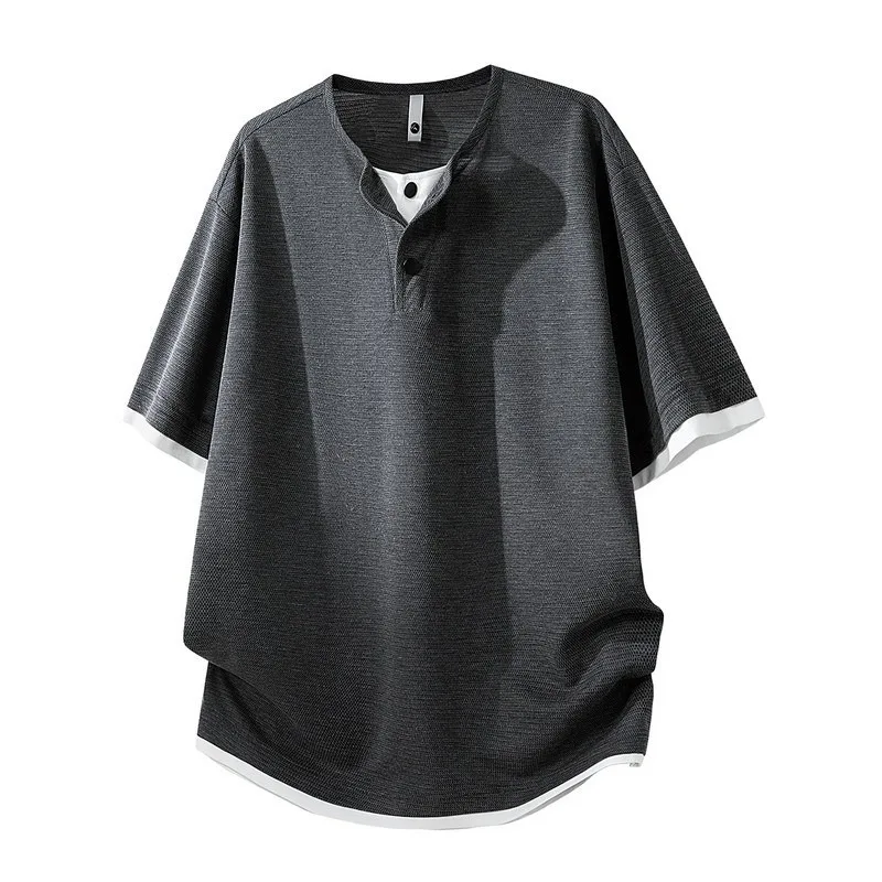 Mens Textured Henley T Shirt Short Sleeve Casual Summer Tee Lightweight Breathable Knit Top Loose Fit Streetwear M-8XL