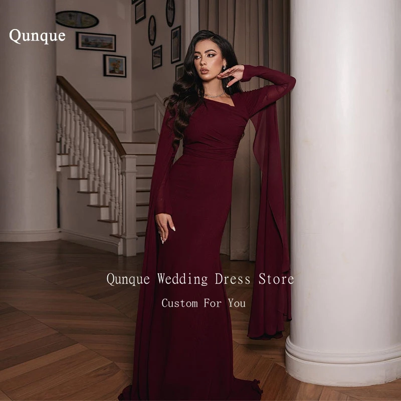 

Qunque Burgundy Mermaid Evening Gowns for Women Elegant Chiffon Party Dresses Long Cape Sleeves Formal Occasion Dress Customized
