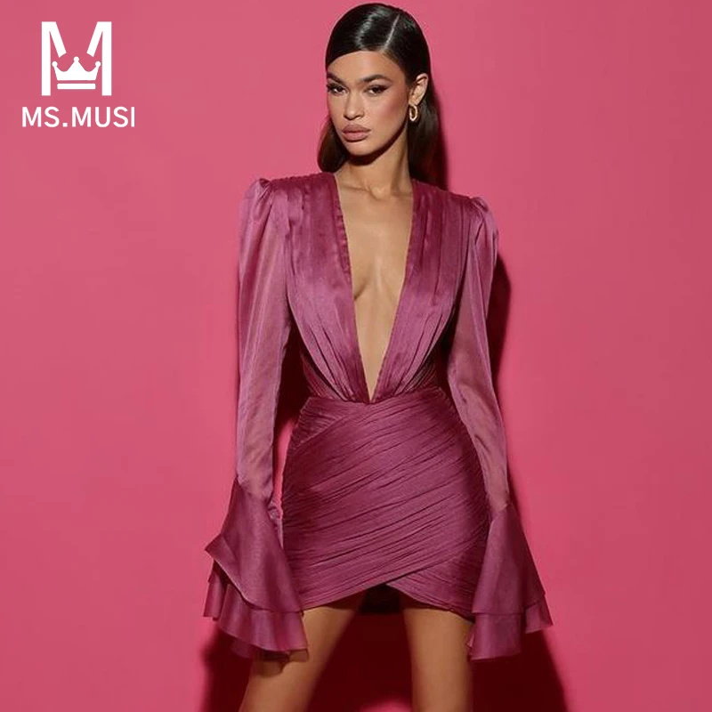 MSMUSI 2024 ใหม่แฟชั่นผู้หญิงเซ็กซี่VคอซาตินพับRuffles FlareแขนยาวBodycon Party ClubกิจกรรมSlim Mini Dress Vestidos