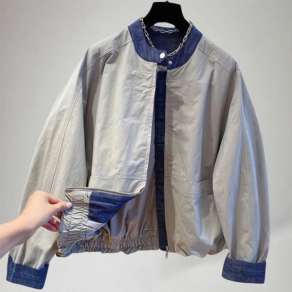 

Casual Sle Patchwork Denim Jaet Women's Spring Autumn New Loose Versatile Baseball Coat Top Zipper Closure Cotton Blend