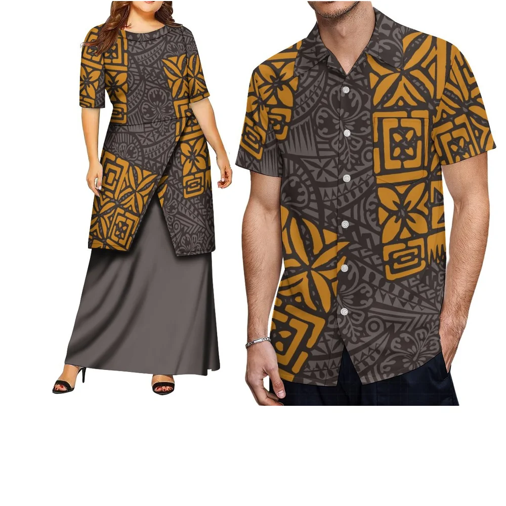 فستان أنيق برقبة دائرية وأكمام قصيرة فستان Puletasi للنساء قميص غير رسمي للرجال ملابس صيفية مخصصة للزوجين