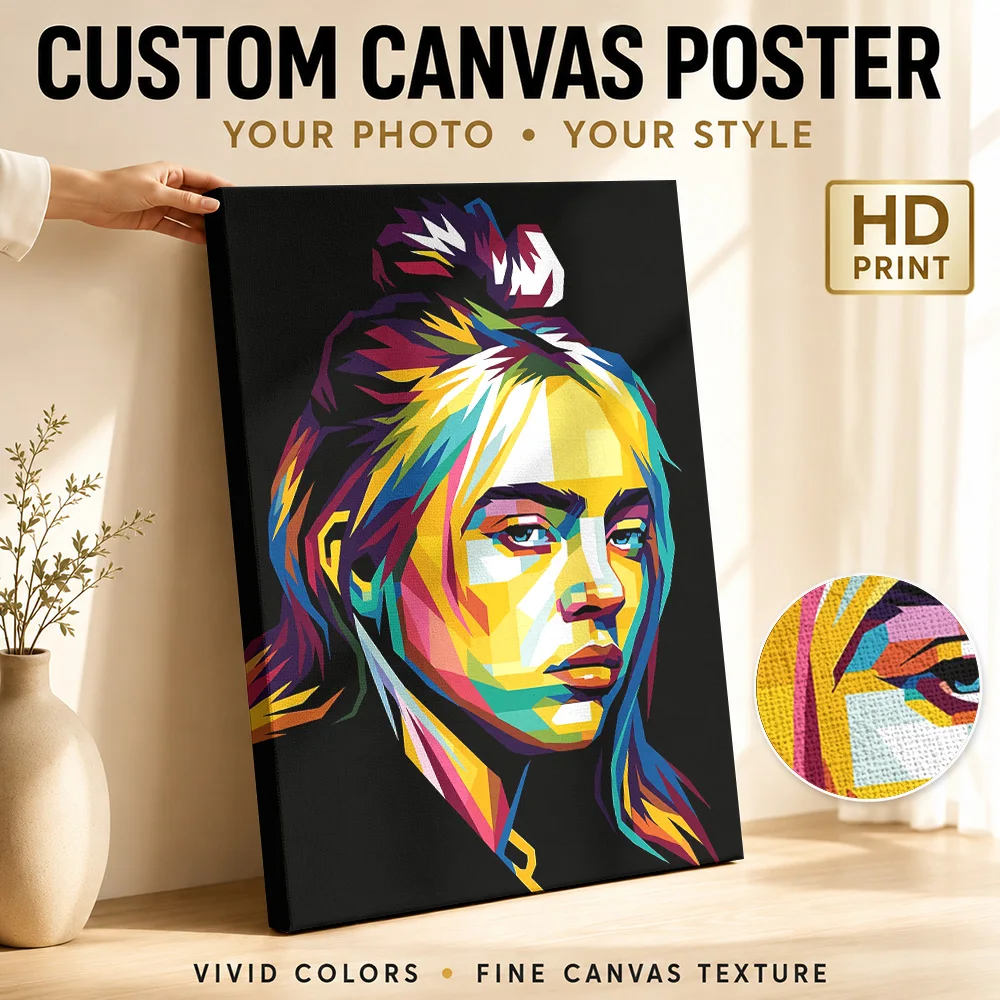 Billie Eilish Portrait Canvas Print Customized Photo Geometric Color Blocking Wall Art For Music Room, Record Collector Gift