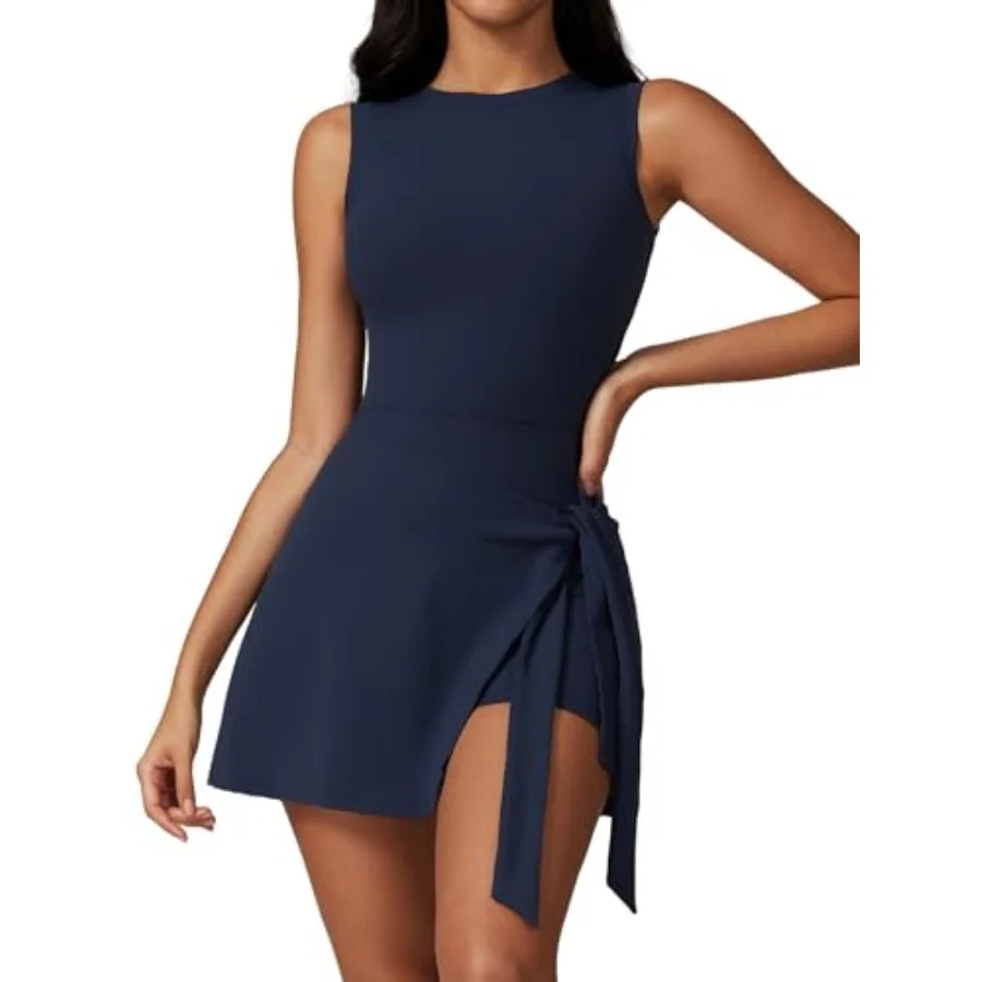 

Женское теннисное платье ABOCIW с высоким воротом, без рукавов, с юбкой-оберткой, встроенными шортами, для гольфа, спортивное платье, комбинезон для тренировок