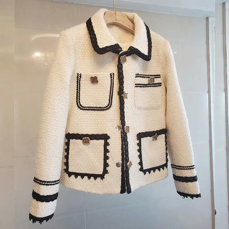 

Winter Clothing Temperament Navy Contrasting Colors Small Fragrance Coarse Woolen Cotton Thick Short Jacket Women High-end Coat