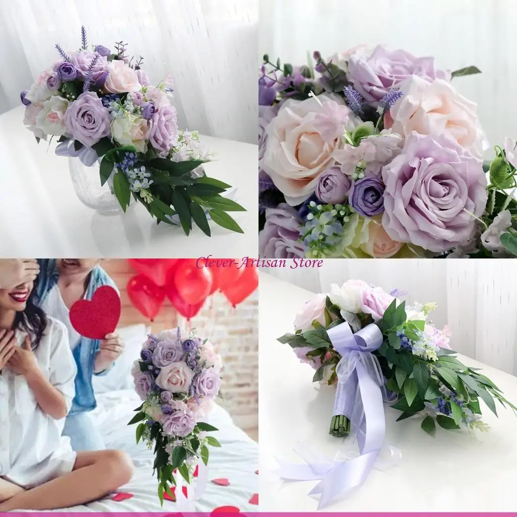 E06B ramo novia en cascada para boda, cascada Artificial, Taro, púrpura, lavanda, flor con cinta larga, foto fiesta