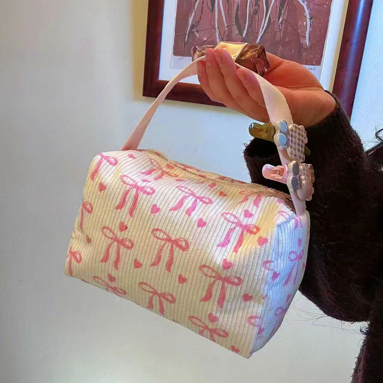 

Bow Corduroy Makeup Bag New Women Printed Large Capacity Zipper Cosmetic Bags Simple Travel Storage Pouch for Friends