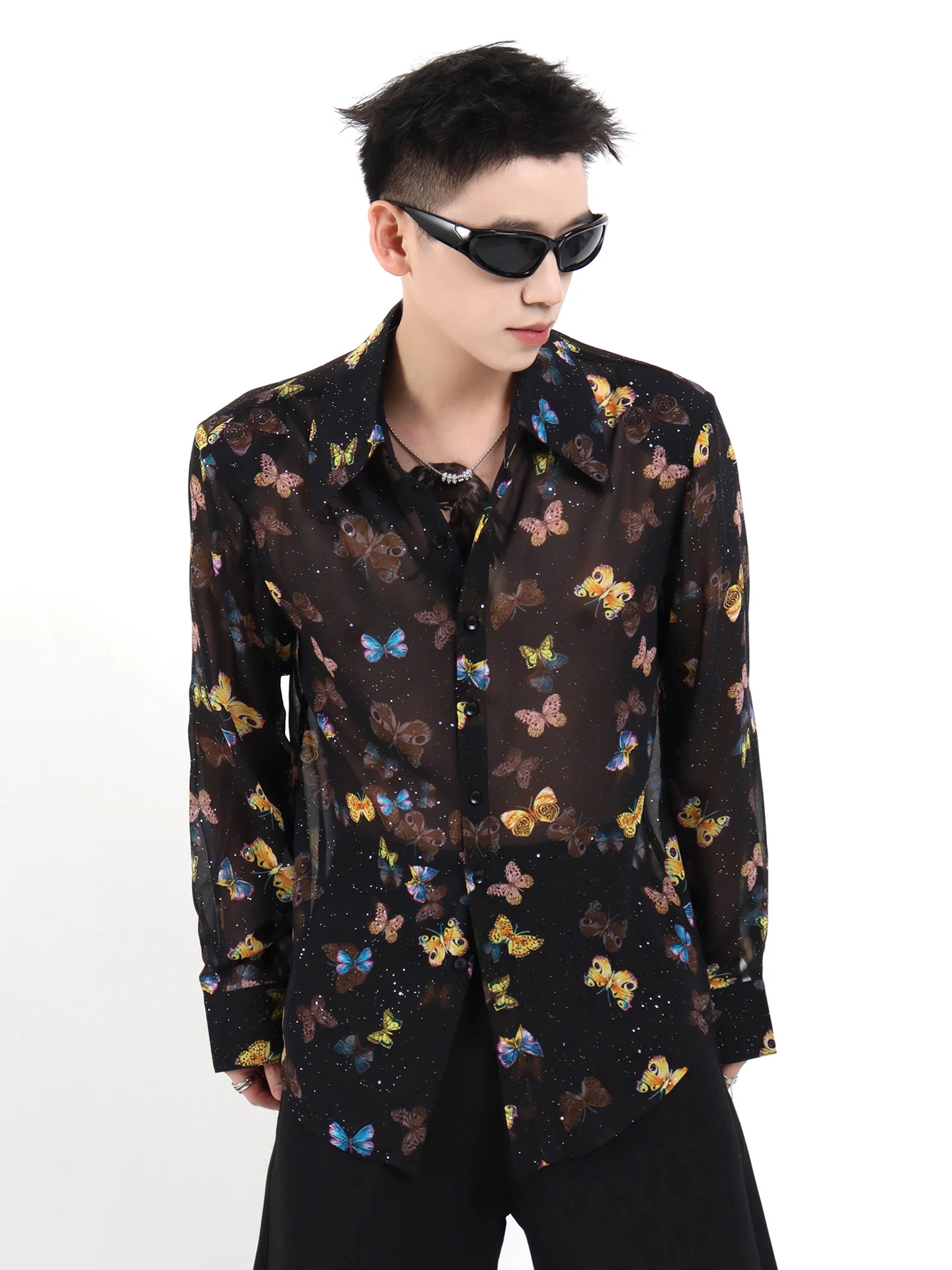 Butterfly Print Design Shirts Men's 2025 Summer New High-end Niche Light Luxury Hot Diamond Thin Tops Loose Long-sleeve Shirts
