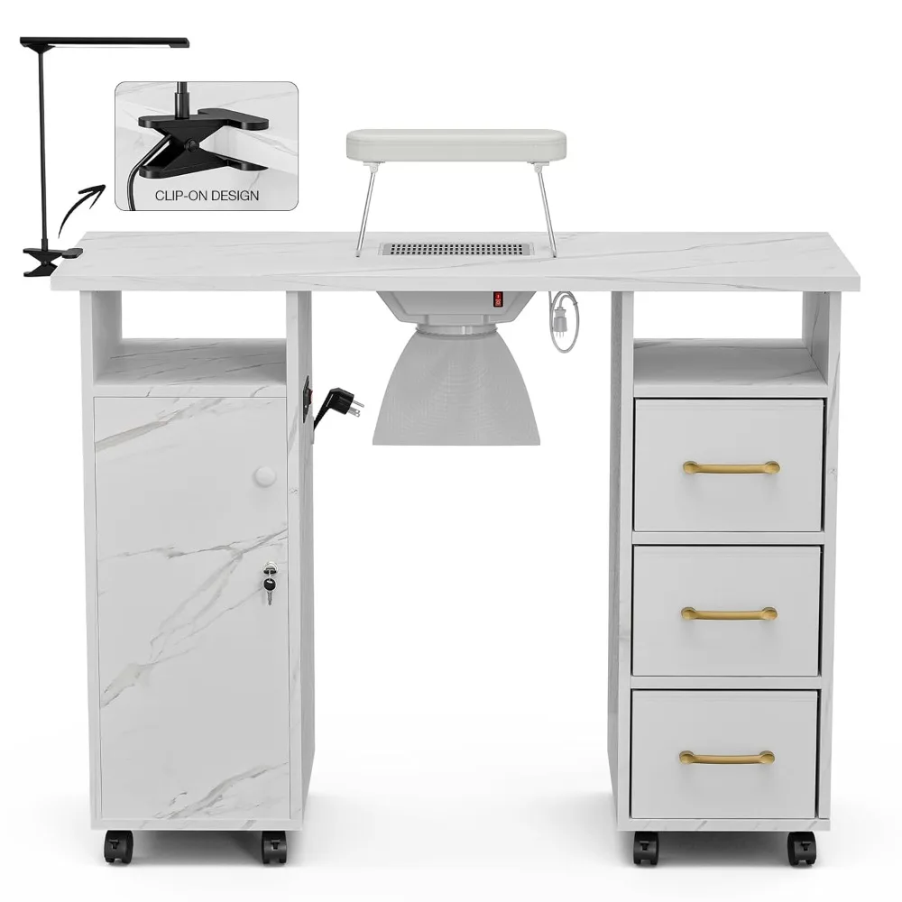 Manicure Table Nail Station with Charging Station, Marbling Texture Nail Tech Table Nail Table Station W/Dust Collector