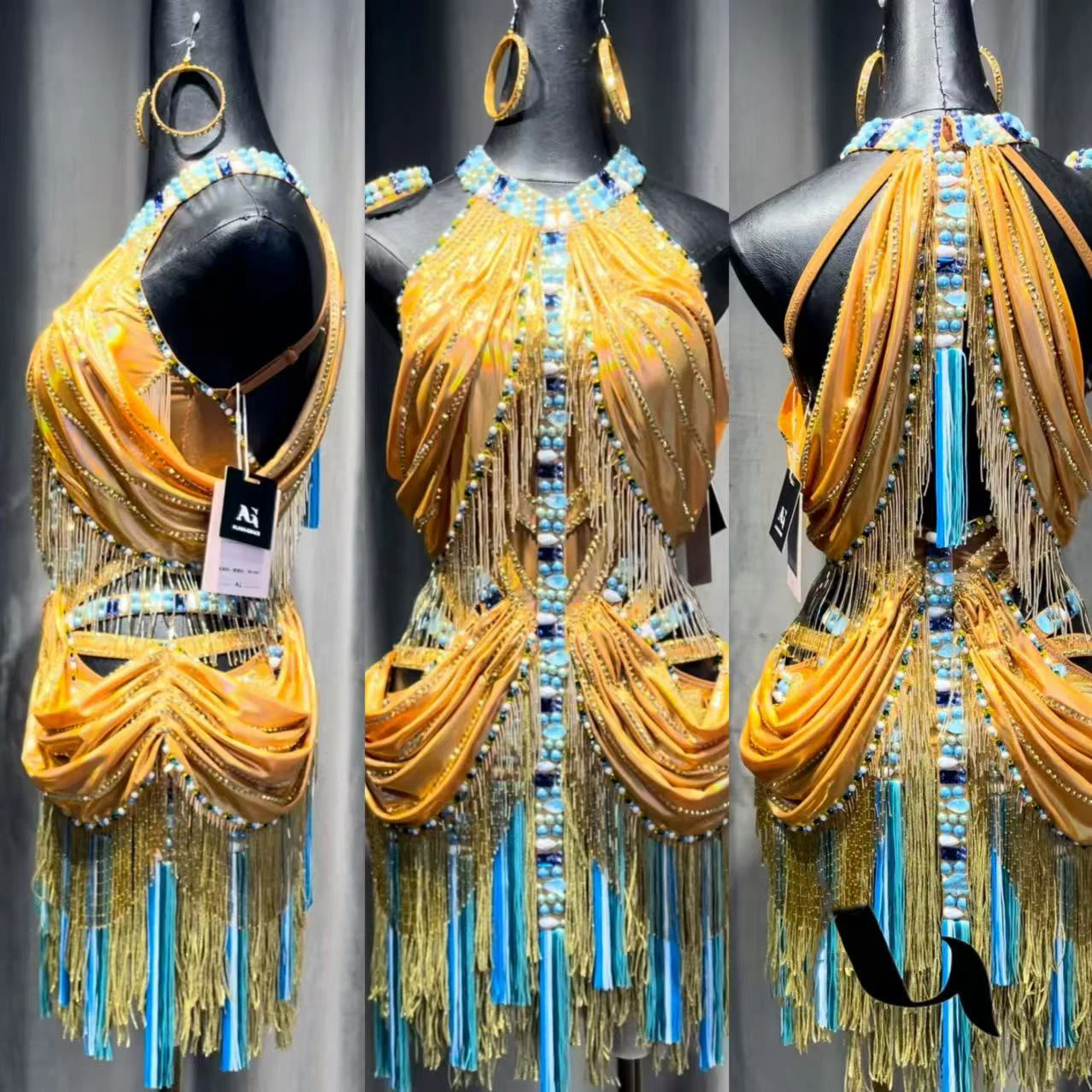 Latin Dance Costume AB Stone Female Adult Children High-End Customized Colorful Gold Dynamic Tassel Black Pool Samba Dress