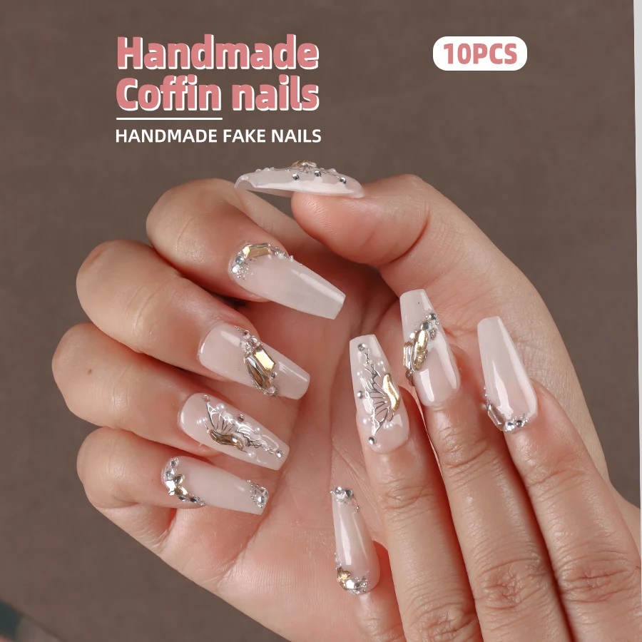 

10pcs Pure Press on Nails Private Customization Light Luxury Nude Sticker Diamond Butterfly Element Trapezoid Daily Nail Art