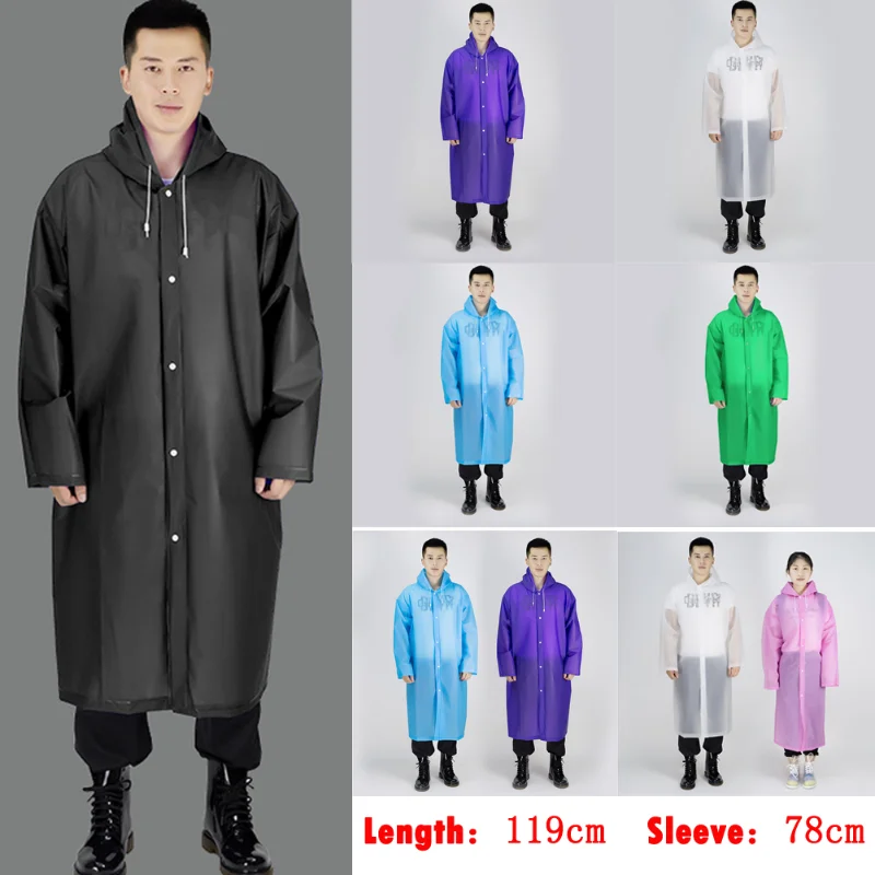 Mens Womens Waterproof Raincoats Long Jacket EVA Button Hooded Raincoat Coats Poncho Rainwear