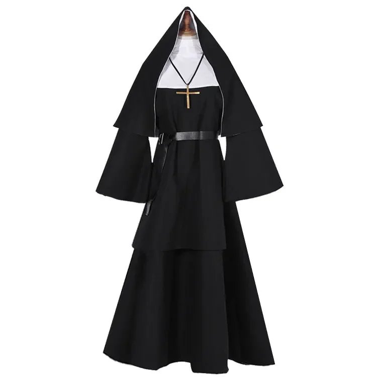 Halloween Nun Cosplay Costume Traditional Adult Valak Black Religious Robe Suit Halloween Party Demon Nun Performance Clothes