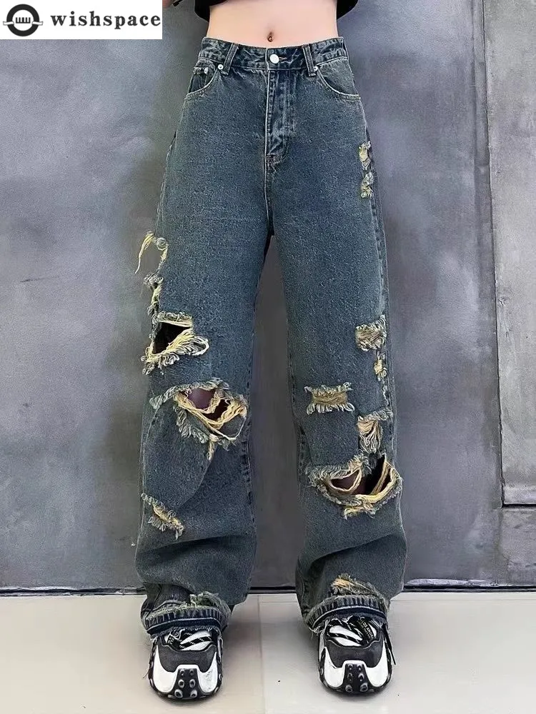 2022 novo coreano grande moda casual reta perna jeans na primavera e no verão solto magro perna larga jeans com buracos