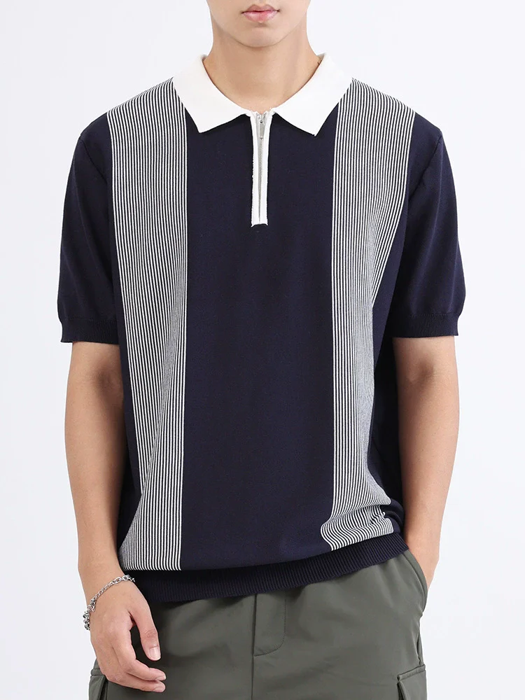 Premium Striped Knitted Polo Shirts For Men Smart Casual Coolness Summer Quality Viscose Blends Elastic Zipper Camisas De Hombre