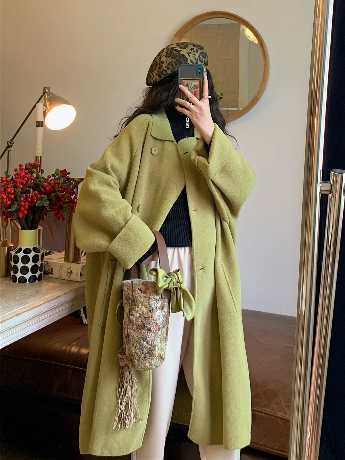

Thiened Large Long Open Cardigan Sweater Double Row Buttons Collar Winter Outerwear Women's Premium Faion Commute Sle