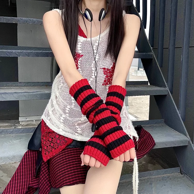 Striped Fingerless Gloves for Women Winter Knitted Long Arm Warmers, Thumbhole Elbow Length Sleeve Cuffs, Novelty Color Block