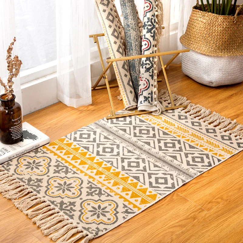 Hand Woven Cotton Linen Entrance Doormat Tassel Geometric Floor Mat Living Room Bedroom Bedside Rugs Home Decor Bohemian Carpets