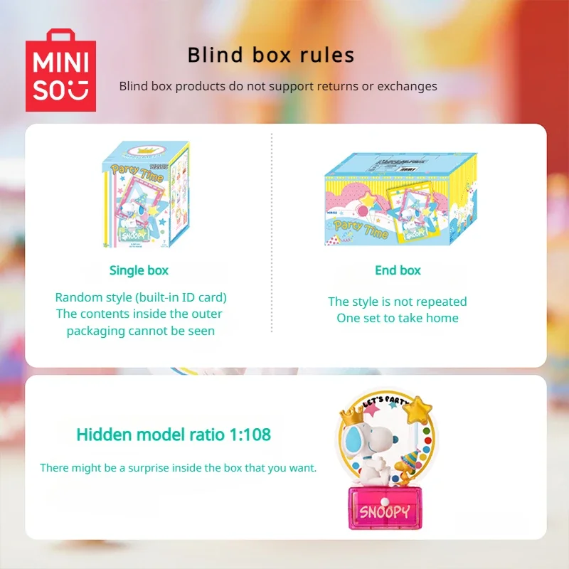 Miniso Snoopy Party Time Blind Box Model Verjaardagscadeau Kinderen Speelgoed Desktop Decoratie Animatie Randapparatuur Nieuwe Producten