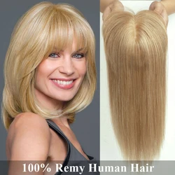 Human Hair Toppers for Women Silk Base Clip in Topper with Bangs Light Blonde 100% Human Hair Toppers Hair Loss Cover 14 Inch