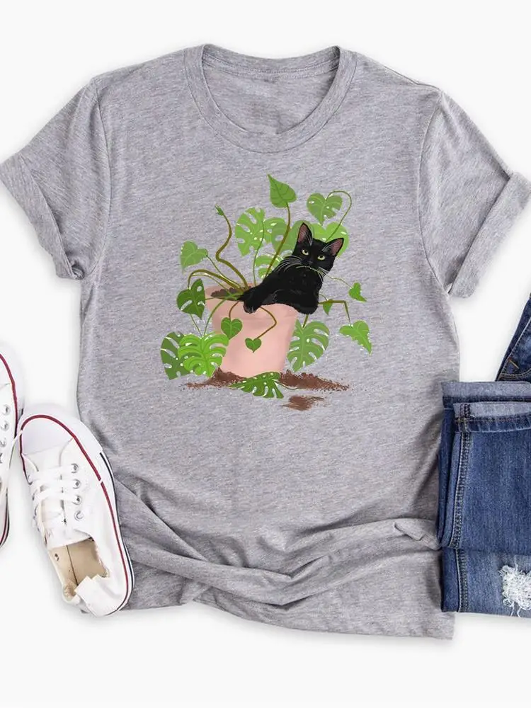 Camiseta con estampado de gato para mujer, ropa con estampado de dibujos animados, playera informal de moda de dibujos animados