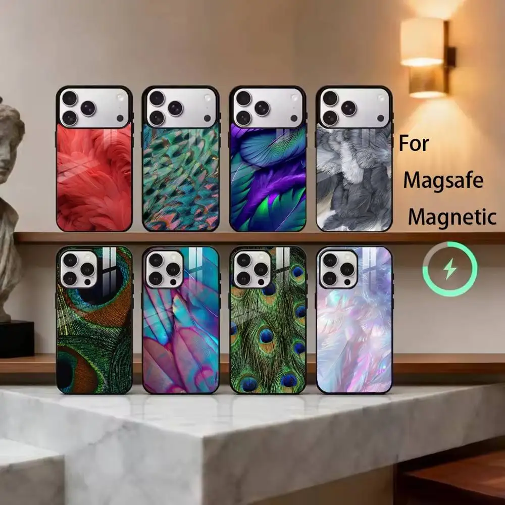 

I-Iridescent F-Feathers Phone Case For iPhone17,16,15,14,13,12,11 Plus,Pro Magnetic For Magsafe Wireless Charging