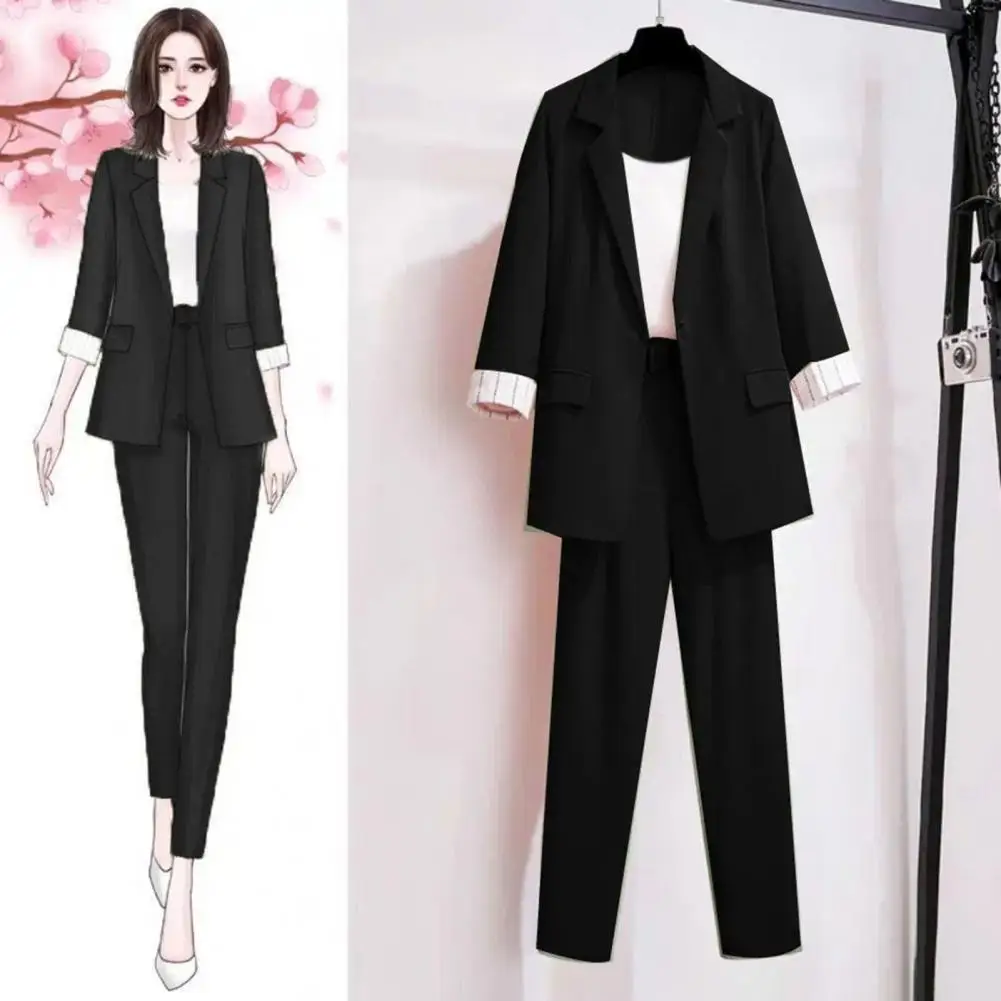 Chic Women Coat Suit Single-button Blazer Suit Pants Vest Set tinta unita Notch Collar Women Business Outfit pendolare