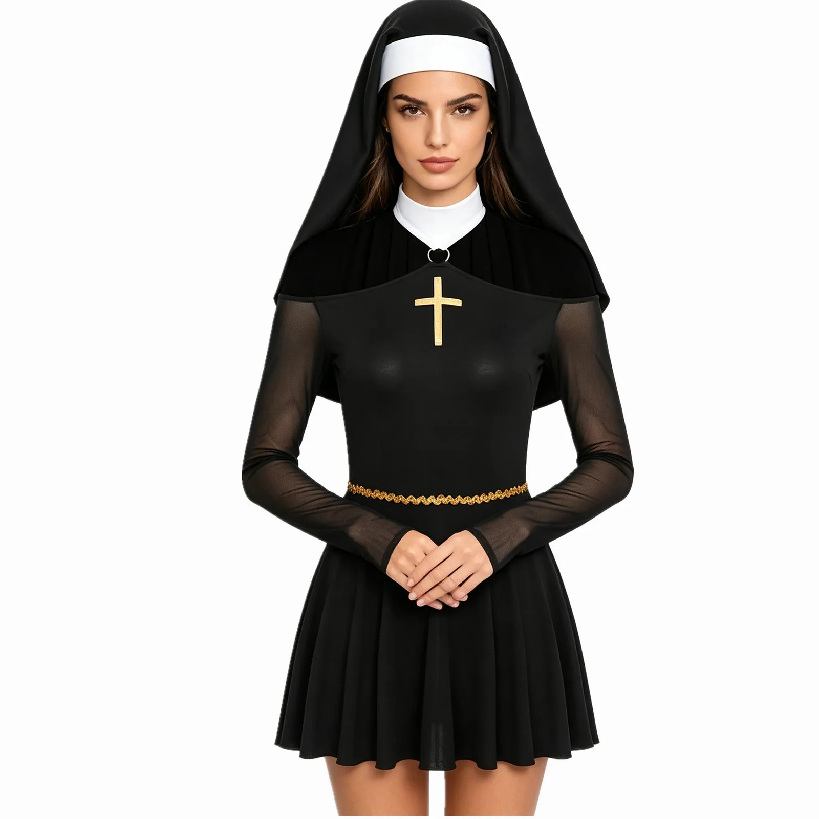 Damen Naughty Nun Evil Cosplay Kostüm und Coif O-Ring Mesh Culottes Gothic Nonne Maid Kleid mit Kopftuch für Halloween Party