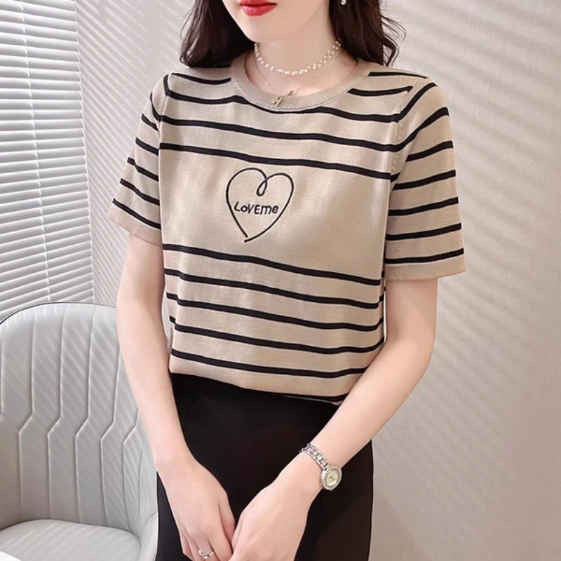 

Office Ladies Fashion Short Sleeve Knitted Embroidery T-shirts Women Stripe Top Y2K Clothes Summer Casual Slim Basic Pulovers