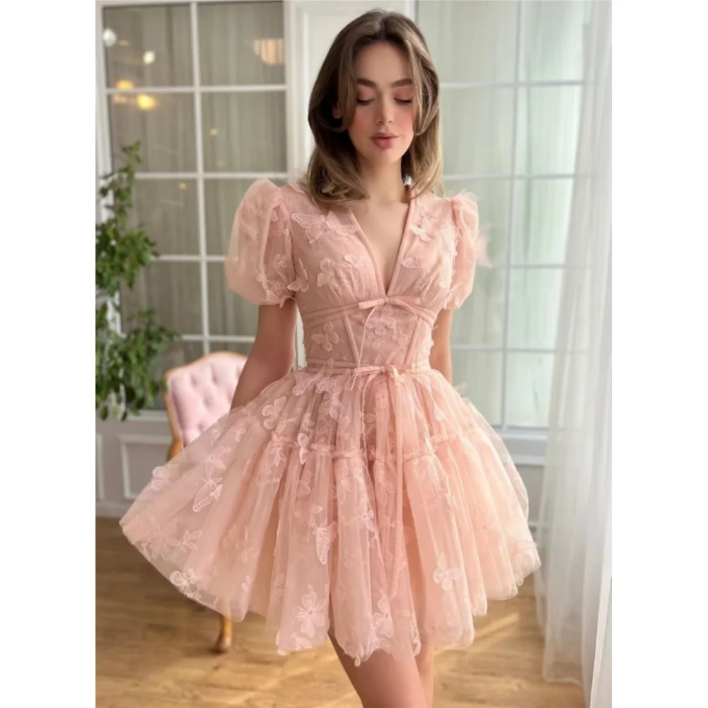 

3D Butterfly Tulle Homecoming Dresses for Teen Short Sleeves V Neck Corset Prom Princess Dress Lace Applique Mini Cocktail Gowns