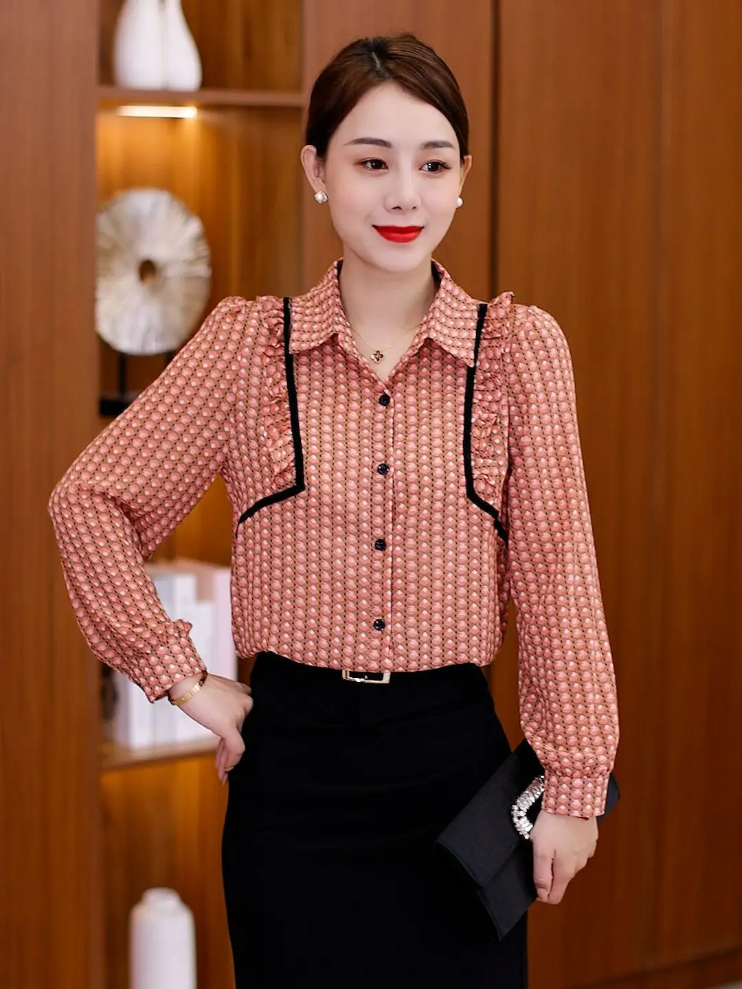 

Stylish Printed Chiffon Women Long Sleeve Blouse Summer Slimming Elegant Top Versatile Shirt